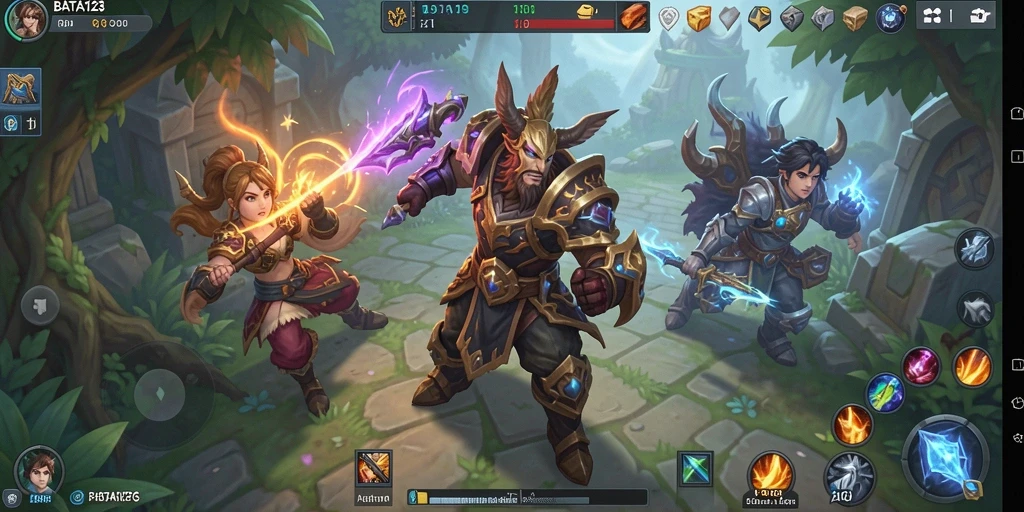 Screenshot gameplay BATA123 menampilkan karakter bertarung dalam dunia fantasi yang luas.