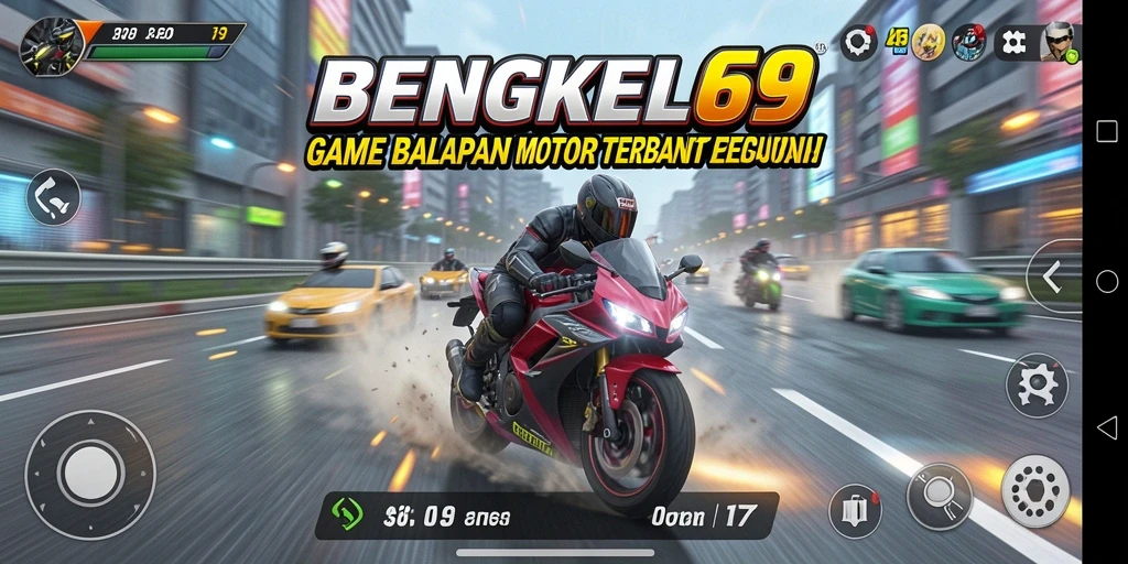 Gameplay BENGKEL69 yang mendebarkan dan penuh aksi balapan motor.