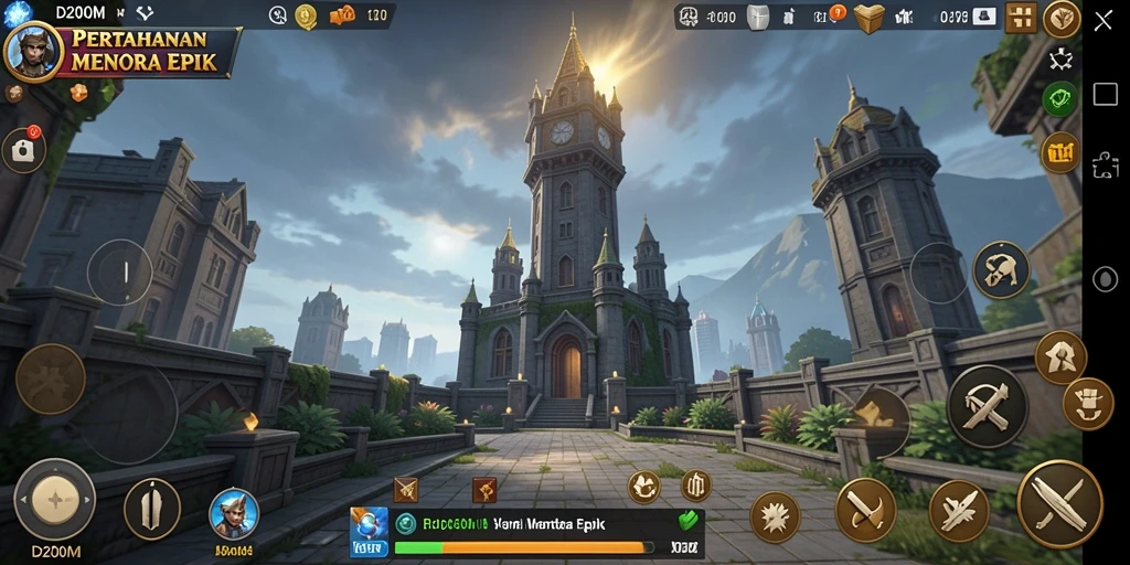 Tampilan gameplay D200M dengan menara bertahan dari serangan musuh.