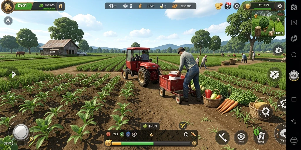 Tangkapan layar utama DY01 menunjukkan gameplay seru bertani dengan fitur interaktif.