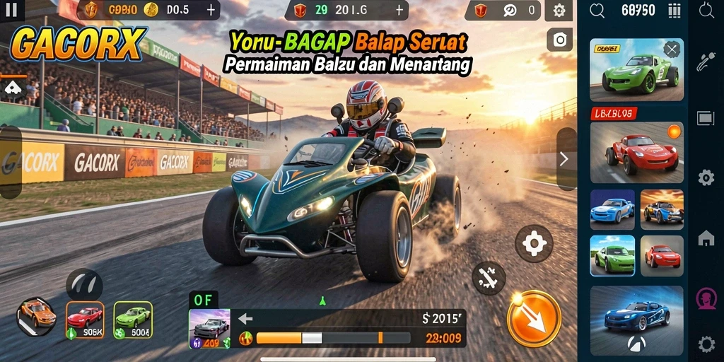 Screenshot gameplay GACORX yang menampilkan balapan seru di lintasan.