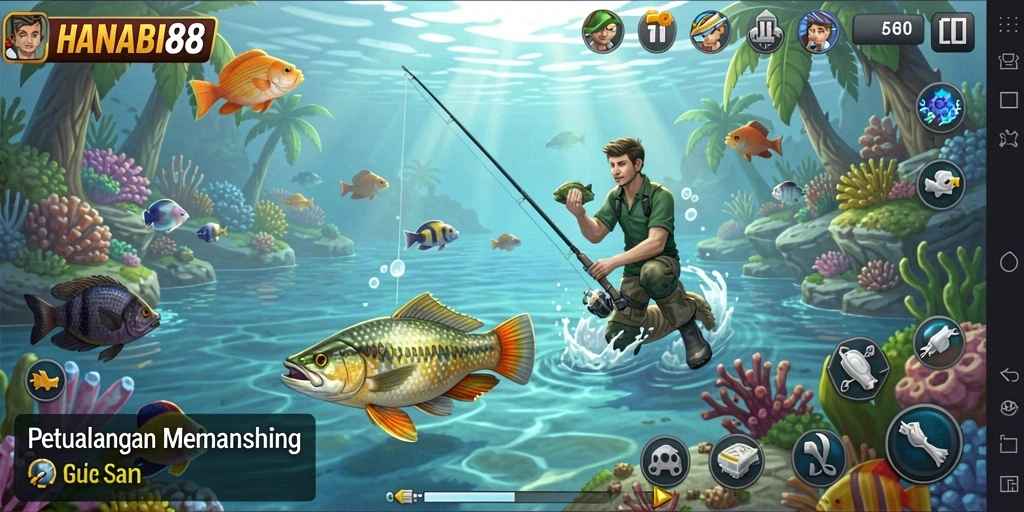 Screenshot gameplay HANABI88 menampilkan aksi tangkap ikan yang seru.
