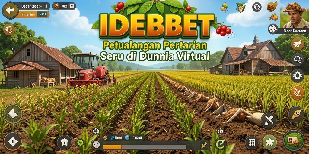 Screenshot menampilkan pemain mengelola lahan pertanian yang subur.