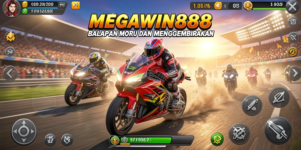 Screenshot gameplay MEGAWIN888 menampilkan aksi balapan motor yang mendebarkan.