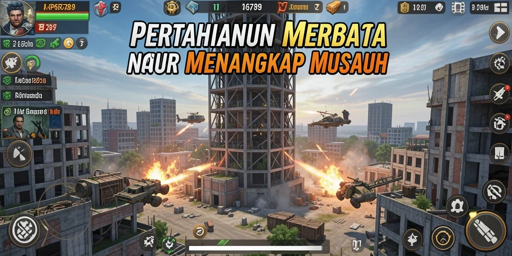 Tampilan gameplay seru dari RP6789 dengan menara dan musuh.
